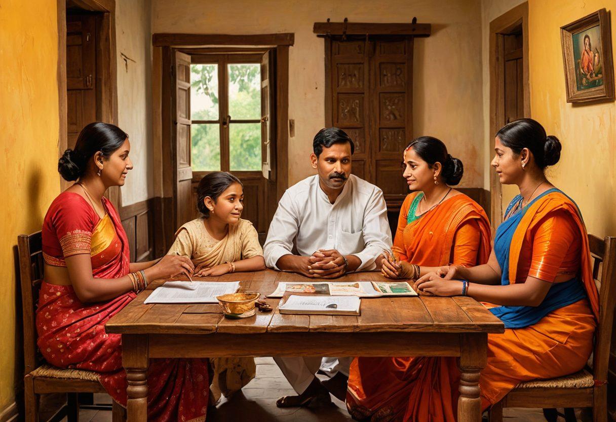 A serene family scene in Bihar, featuring parents and children discussing insurance options while seated at a traditional wooden table. In the background, subtle imagery of digital devices and online insurance graphics, symbolizing modern risk management. The atmosphere is warm and inviting, suggesting trust and security. Incorporate elements of local culture, such as traditional patterns and colors. painting. vibrant colors.