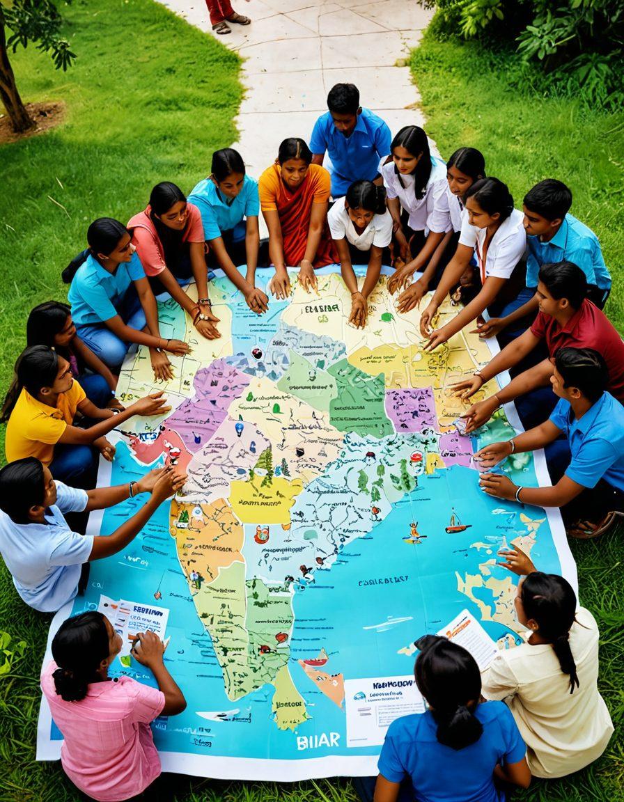 A diverse group of Indian students and families gathered around a large, colorful map illustrating various insurance options and coverage details for Bihar. Include visual elements representing education, health, and family support, with symbols like books, medical cards, and shields. The setting is outdoors, promoting a sense of community and engagement. Use vibrant colors to capture attention and convey a positive atmosphere. super-realistic. vibrant colors. outdoor scene.