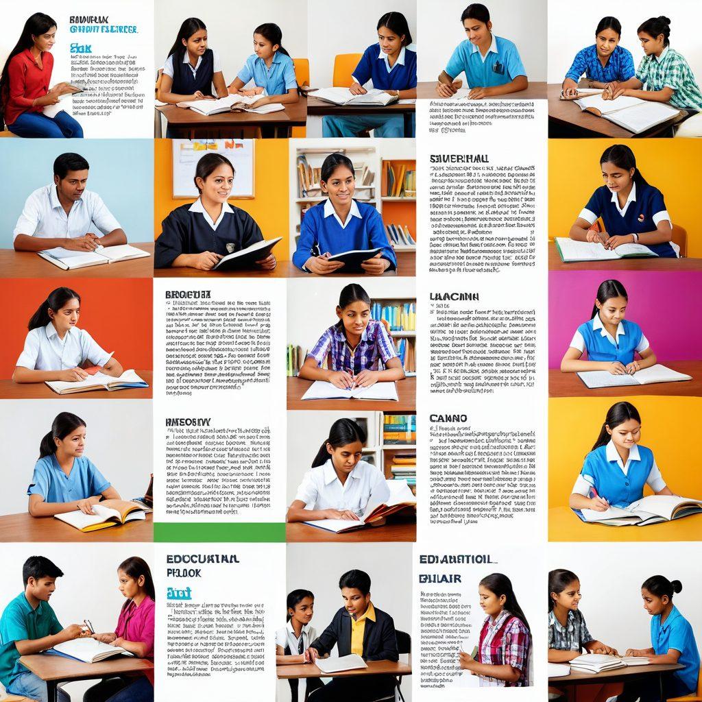 A collage showcasing diverse educational institutions in Bihar, blending traditional schools and modern universities, with students engaging in various activities like studying and group discussions. Incorporate elements that represent policies and claims, like documents and shields in the background. The scene should be vibrant and uplifting, symbolizing hope and growth in education. super-realistic. vibrant colors. white background.